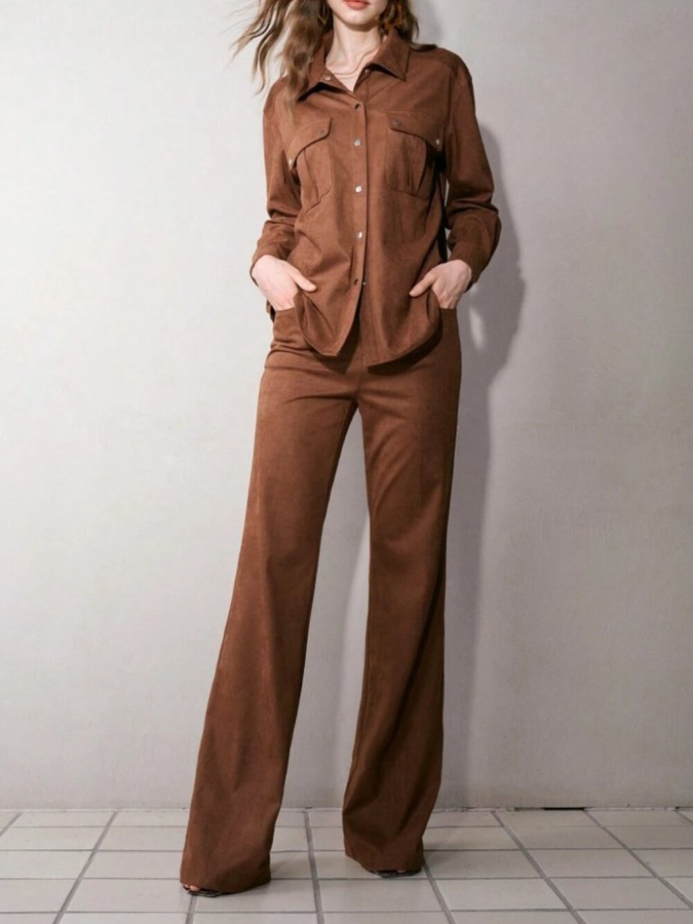 Chestnut Brown Faux Suede Button Front Shirt and Wide Leg Trouser Pant Set